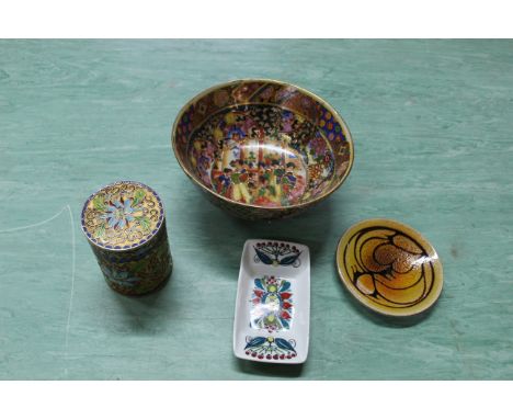 A tray of various ceramics including jugs, cups and saucers, Chinese bowl etc and a cloisonne lidded pot