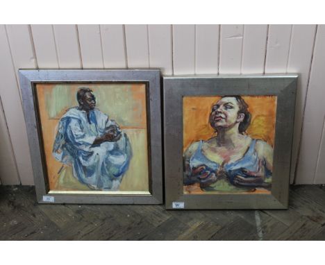 An oil portrait study of a man in a blue robe and a woman