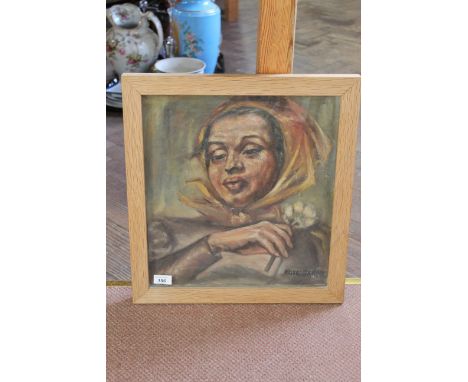 A framed oil on canvas of a portrait of a lady with a flower, signed Rose Baron