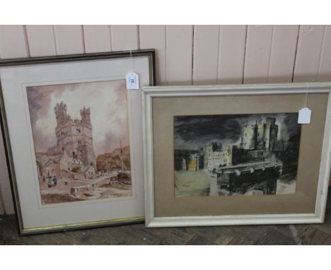 A framed lithograph of Windsor Castle by John Piper 1903-1992, 10 1/4" x 13 1/2" together with a watercolour of Canarvon Cast