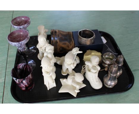 A tray with a selection of 'Department 56' snow babies, glass and silver plate items plus a pair of binoculars and a hallmark