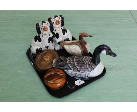 A pair of small Staffordshire dogs (one as found), a Chinese wood duck inlaid with mother of pearl, a wood decoy style duck, 