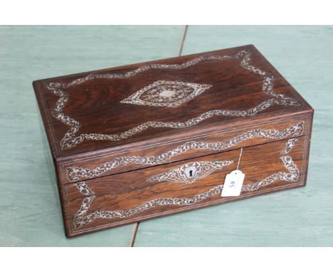 A 19th Century rosewood inlaid with mother of pearl writing slope, velvet lined with one inkwell 16" long