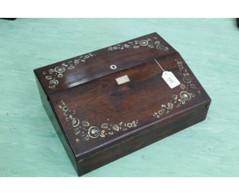 A Victorian rosewood inlaid with mother of pearl writing slope with inkwells (worn interior)