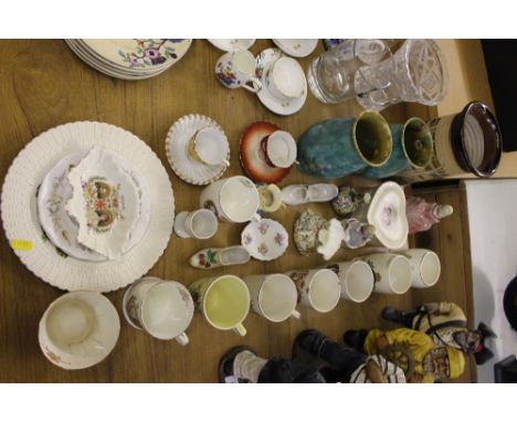 Commemorative china, a pair of sylvac style vases, 2 coffee cups & saucers etc. 