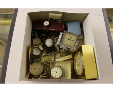 A box containing a brass cased barometer by J.H. Steward of London; two cut throat razors; various pocket watches; clocks etc