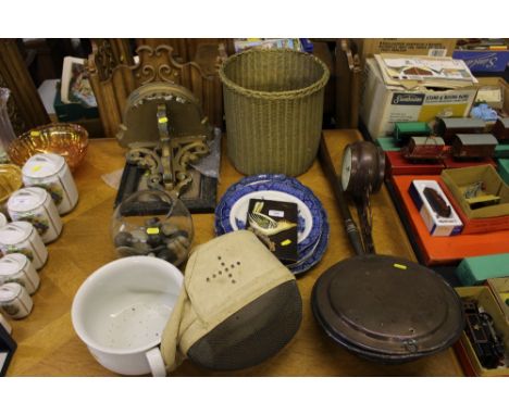 A gilded wall bracket together with a barometer, a loom waste paper bin, a chamber pot, fencing guard etc.