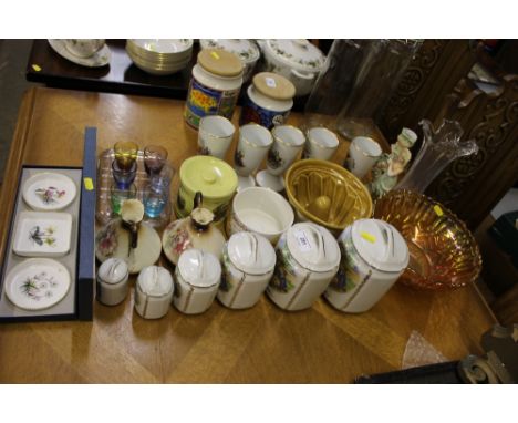 A Carnival glass bowl; various decorative china; a boxed set of Royal Worcester dishes; French storage jars etc.