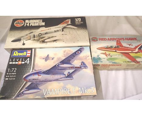 Three 1/72 scale Jet aircraft kits; Airfix Phantom and Red Arrows Hawk and Revell Vampire. Appear complete, contents unchecke