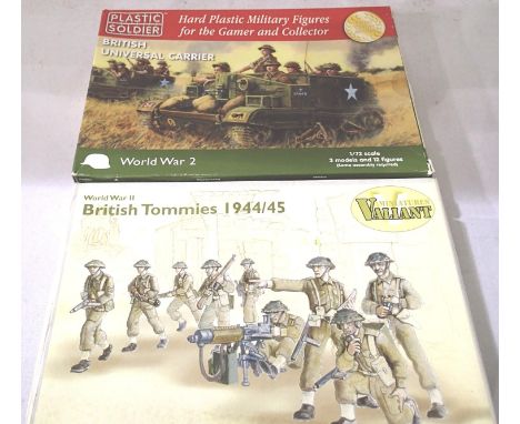 Two 1/72 scale figure sets; Valiant Miniatures - British Tommies 1944-45 (68 pieces) and Plastic Soldier - British carriers x