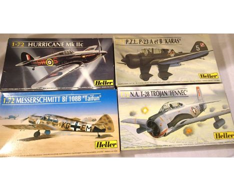 Four Heller 1/72 scale aircraft kits, sealed as new; ME 109, P40 Kittyhawk, T-28 Trojan Fennec ME 108B Taifun. P&amp;P Group 