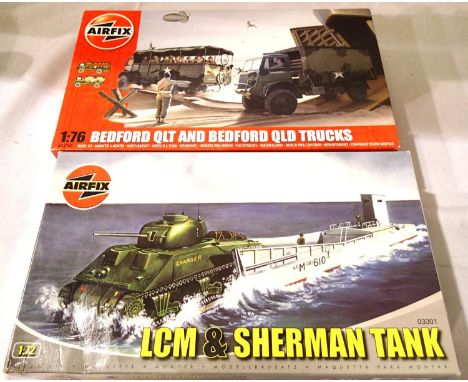 Two Airfix 1/72 scale military kits; LCM with Sherman tank, Bedford QLT and QLD trucks. Appears complete, unchecked. P&amp;P 