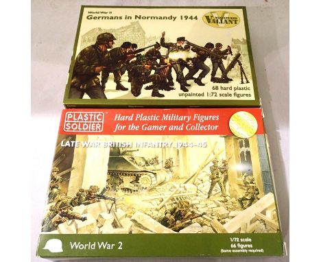 Two 1/72 scale figure sets; Valiant Miniatures - Germans in Normandy 1944 (68 pieces) and Plastic Soldier - British Infantry 