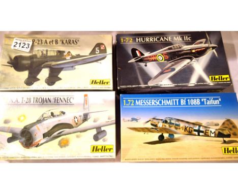 Four Heller 1/72 scale aircraft kits, sealed as new; Hurricane MK11c, Trojan Fennec, ME-108B Taifun, P2L P23 Karas. P&amp;P G