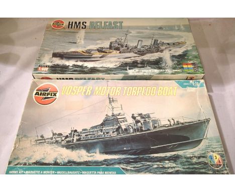 Two Airfix ship kits, both appear complete, unstarted. 1/72 scale Vosper Motor Torpedo boat 1/600 scale HMS Belfast. P&amp;P 