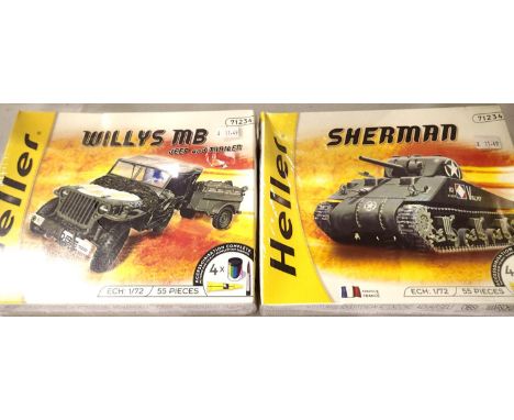 Two Heller 1/72 scale military kits; Sherman tank and Willys jeep and trailer. Both factory sealed. P&amp;P Group 1 (£14+VAT 