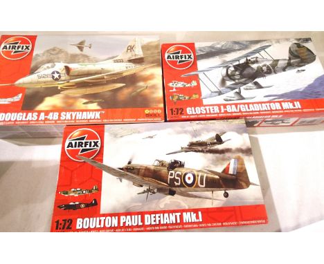 Three Aircraft 1/72 scale kits; Airfix - Spitfire and Hawk and Heller - Fieseler Storch. All appear complete, unchecked. P&am