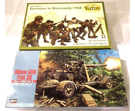 Two 1/72 scale military kits; Hasegawa 88mm FLAK 36 gun and Valiant Miniatures - Germans in Normandy (68 figures). Appears co