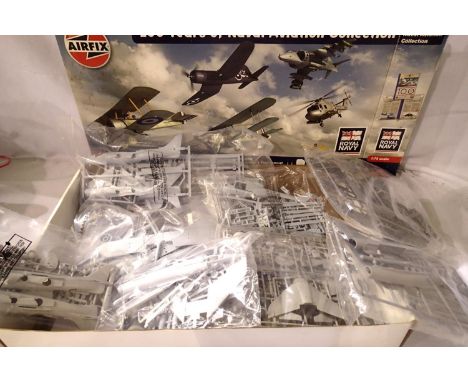 Airfix 100 Years of Naval Aviation box, containing eight Aircraft kits, mostly in sealed bags with some decals, instructions,