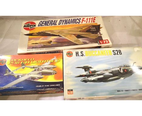 Three Airfix 1/72 scale aircraft kits; Buccaneer, F-111E and Lightning. All appear complete, unchecked. P&amp;P Group 1 (£14+