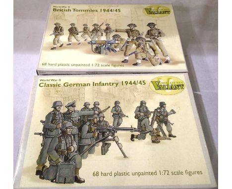 Two 1/72 scale Valiant Miniatures 68 piece sets; British Tommies 1944/45 and German infantry 1944-45. Both appear complete an