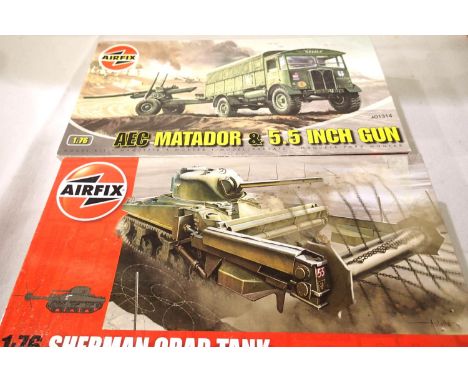 Two Airfix 1/72 scale military kits; Sherman Crab Tank and AEC Matador with 5.5'' gun. Appear complete, unchecked. P&amp;P Gr