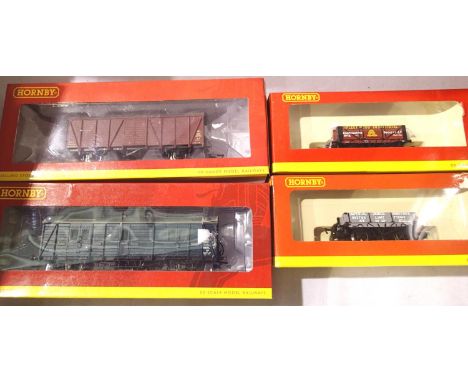 Four Hornby wagons/vans - R6231, R6592, R4467, R6641A all in very good - excellent condition, some wear to boxes. P&amp;P Gro