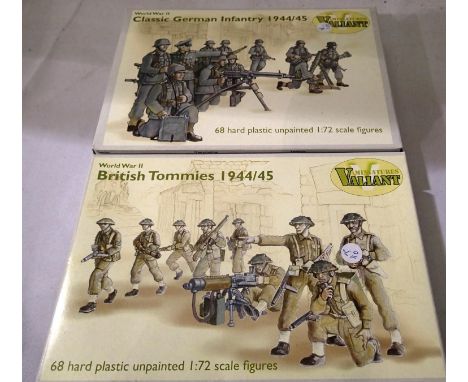 Two 1/72 scale Valiant Miniatures figure sets, British Tommies 1944/45 (68 pieces) German infantry 1944-45 (68 pieces) both s