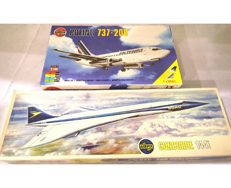 Two Airfix 1/144 scale aircraft kits; Boeing 737-200 appears complete/unstarted and Concorde, started/no decals. P&amp;P Grou