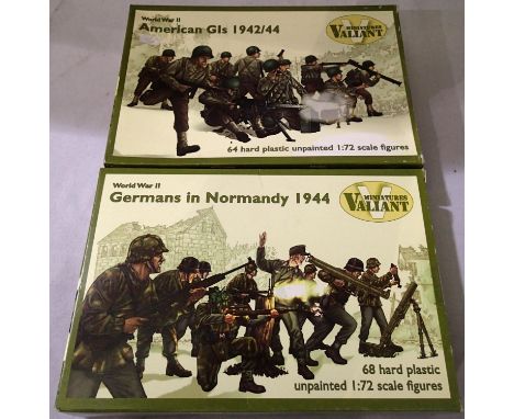 Two 1/72 scale Valiant Miniatures figure sets; Germans in Normandy 1944 (68 pieces) and American GIs 1942-44 (64 pieces) both