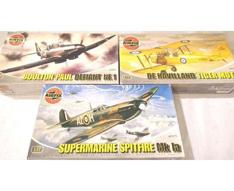 Three Airfix 1/72 scale aircraft kits; Tiger Moth, Spitfire and Defiant. Appear complete, unchecked. P&amp;P Group 1 (£14+VAT