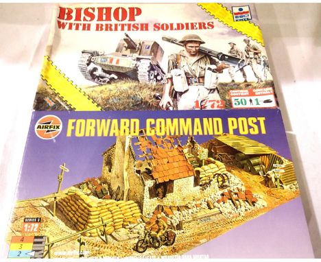 Two military 1/72 scale kits; Airfix Forward Command post, Esci Bishop with 50 British soldiers. Appear complete, unchecked. 