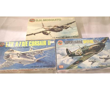 Three Airfix 1/72 scale Airfix kits; Spitfire, Corsair and Mosquito. All appear complete, contents unchecked. P&amp;P Group 1