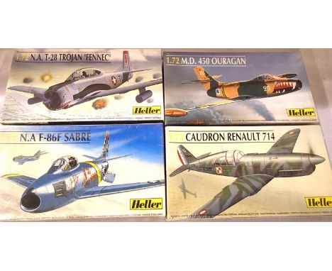 Four Heller 1/72 scale aircraft kits, sealed as new; Caudron Renault 714, MD 450 Ouragan, 86F sabre and T-28 Trojan Fennec. P