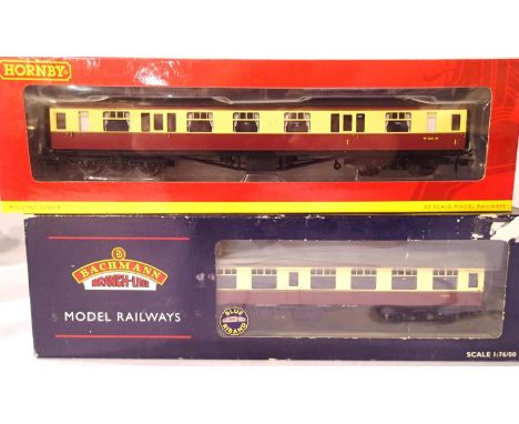Two Crimson Cream coaches, Bachmann 39-052C MK1 open Hornby R4407A Hawksworth composite,  both in very good condition, wear t