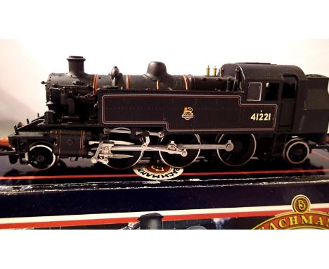 Bachmann Ivatt tank, renumbered 41221, Black, Early Crest, in good condition, glue mark on front buffer beam, wrong box. P&am