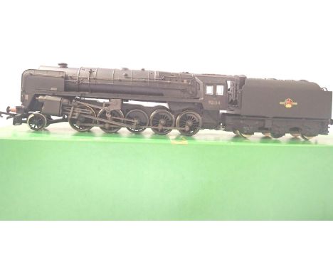 Hornby Class 9F, refinished Black, Late Crest, 92134, weathered, tender top loose, in good condition, storage wear to box. P&