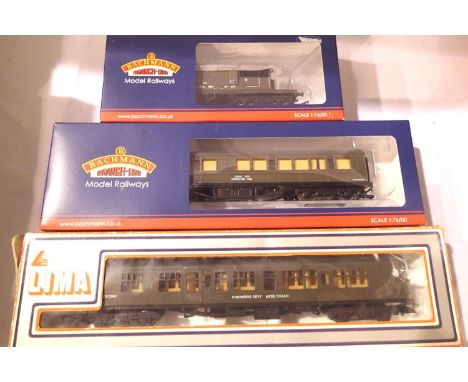 Three departmental olive green van/coaches; Bachmann Queen Mary brake, ex LMS 57ft coach and Lima Engineers mess coach. Mostl