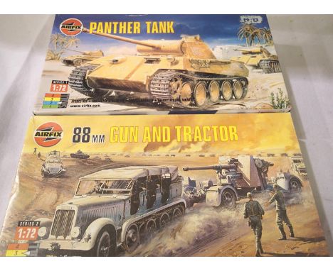 Two Airfix 1/72 scale military kits; Panther Tank and 88mm gun and tractor. Appear complete, unchecked. P&amp;P Group 1 (£14+