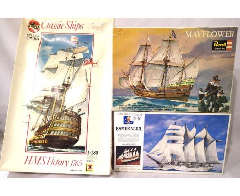 Two sailing ship kits; Lee 1/350 scale Esmeralda, Revell H327 Mayflower and an Airfix 1/100 scale Victory kit. All appear com