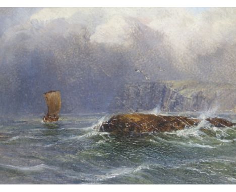 Late 19th century English Schooloil on panelFishing boats in a rough sea off coastal cliffs7 x 9in.