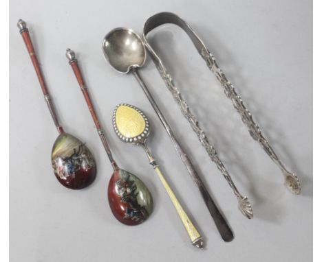 Two Russian enamelled spoons, A Scandinavian silver and enamel spoon, one other silver spoon and a pair of Georgian silver su