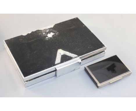 Two Art Deco paste, enamel, silver and metal compacts, probably French, c.1940, rectangular, the larger metal and black ename