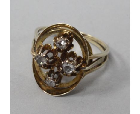 A 14ct gold and rose cut diamond set oval openwork dress ring, size R.