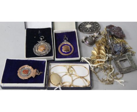 Three silver presentation medallions including silver and enamel, sundry brooches and chains including 10ct and 9ct gold.