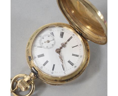 An engine turned 14ct gold hunter fob watch, with Roman dial and subsidiary seconds.