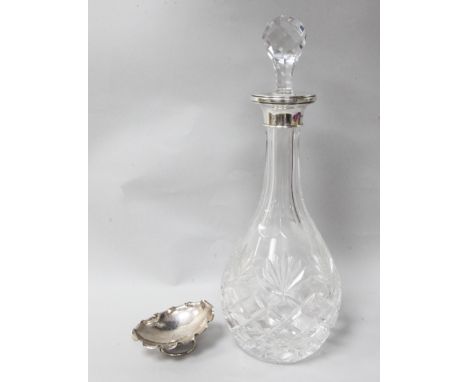 A modern silver mounted cut glass decanter and Chinese Export silver nut dish by Wang Hing.