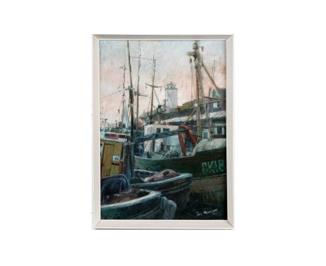 Tom Manson (b.1940) Fishing boats at lowlights, signed, oil on board, 60 x 41.5cms, 64 x 46cms in frame.