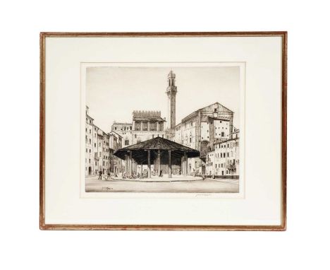Job Nixon  (1891-1938) Siena Market, pencil signed to margin and signed in plate, etching, 26 x 31.5cms, 41 x 50.5cms.