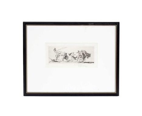 Francis Sydney Unwin (1885-1925) Ploughing the field, signed with dedication “To John Murray”, etching, 6.5 x 16.5cms, 27.5 x
